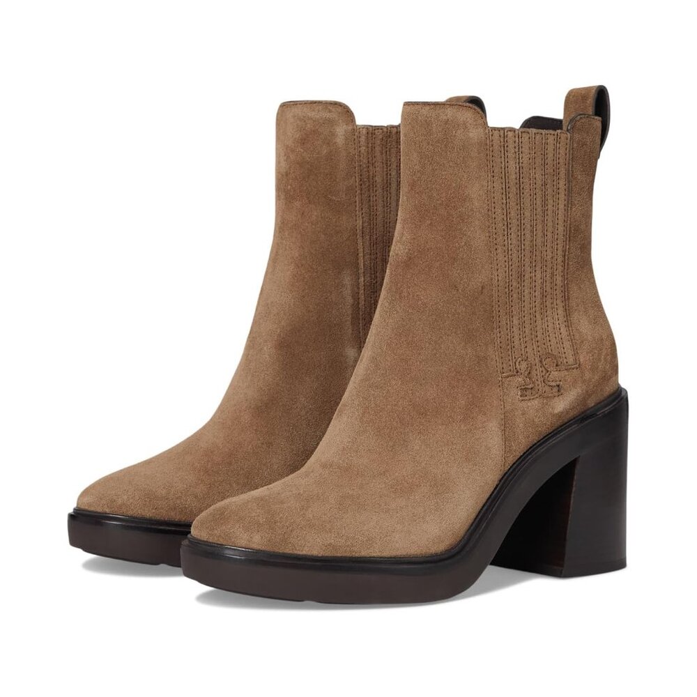 Tory Burch $458 72 mm T-Gore Heeled Ankle Boots River Rock Suede Sz 10 NIB! - Picture 1 of 7